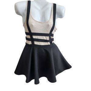 Goth Elastic Cage Black Mini Skater Skirt-Exposed Zip-Suspenders-S-Punk-Grunge